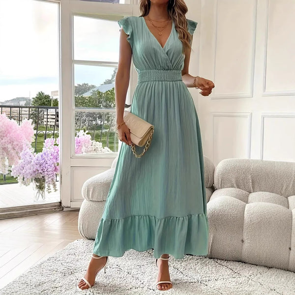V-neck Ruffle Long Skirt Summer Beach Dress Holiday Casual Dress