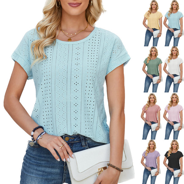 Loose Fit Crew Neck Eyelet Lace Solid Tee – Where Comfort Meets Timeless Charm