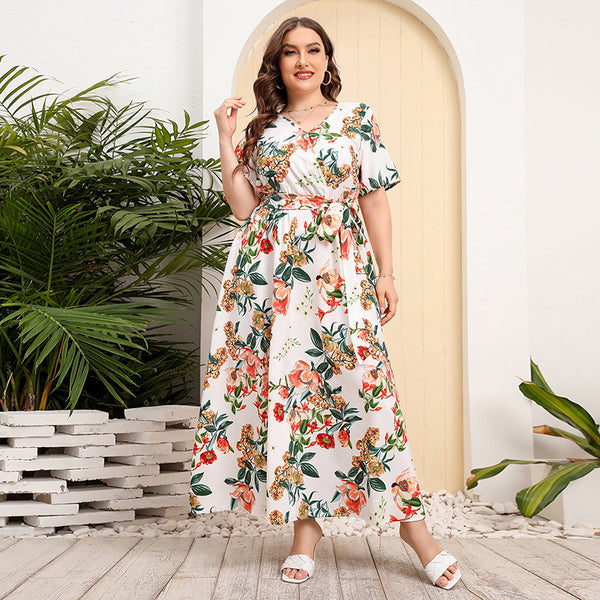 Vestido de cuello V suelto de gran tamaño mujer cintura elástica manga corta estampada falda larga