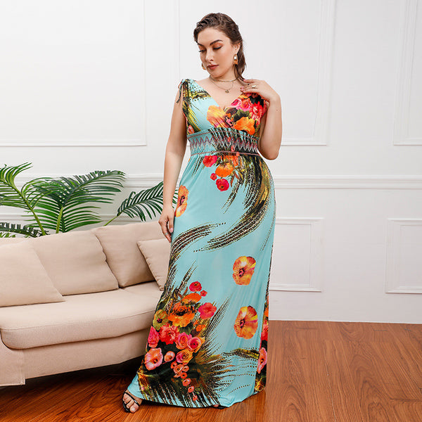 Vestido largo de seda fría con estampado y cuello en V, ultra suave y transpirable