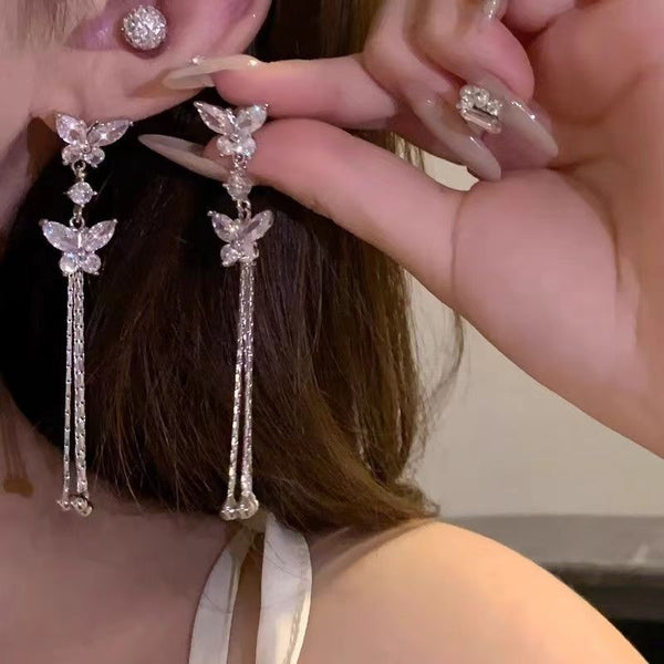 Niche Tassel Earrings Women's Light Luxury Design butterfly Knot Earrings Versatile Long Earrings Earrings