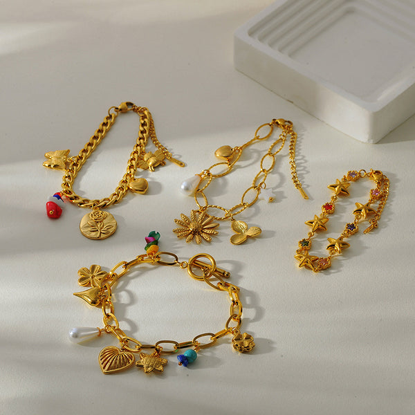New Fashion Flower Love Multi Pendant Bracelet with Personalized and Versatile Cuban Chain Gold Plated Stainless Steel Handmade for Women