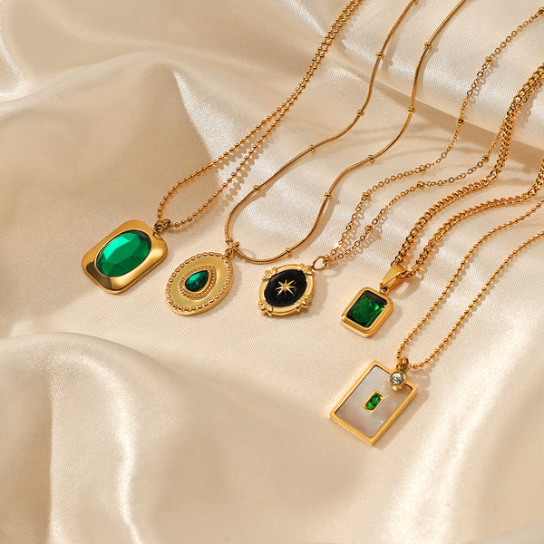 Vintage Emerald Necklace with Geometric Mother of Pearl Inlay and 18K Gold-plated Pendant Necklace for Ladies