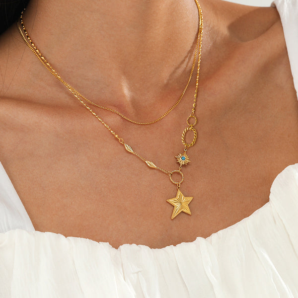 14K Gold Double-layer Pentagram Stainless Steel Necklace with a Female Design Sense Geometric Collarbone Chain
