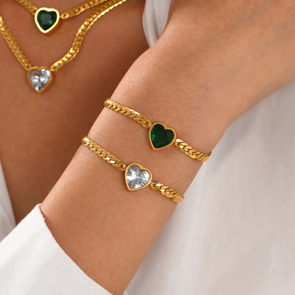 Heart Shaped Stainless Steel Bracelet Necklace Set Popular Diamond studded Peach Heart Jewelry for Women