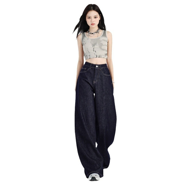 Deep Blue Jeans for Women Autumn Thick High Waisted Loose Straight Leg Slimming and Versatile Floor Length Wide Leg Pants