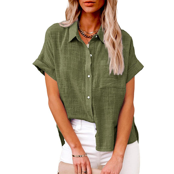 Summer New Women's Solid Color Linen Shirt Short Sleeved Casual Loose Shirt