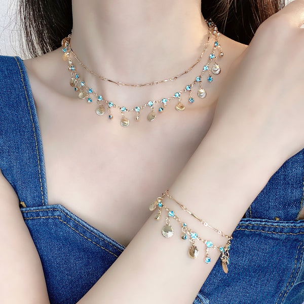 Tassel Blue Diamond Layered Necklace Exotic Style Collarbone Chain High-end Unique Combination Necklace Bracelet